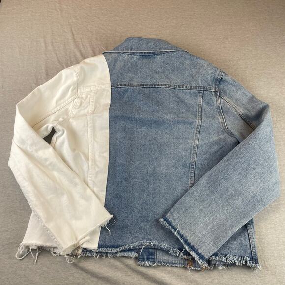 For The Republic Two Tone Denim Jacket Blue White S Small M Oversize Raw Edge - Picture 2 of 5